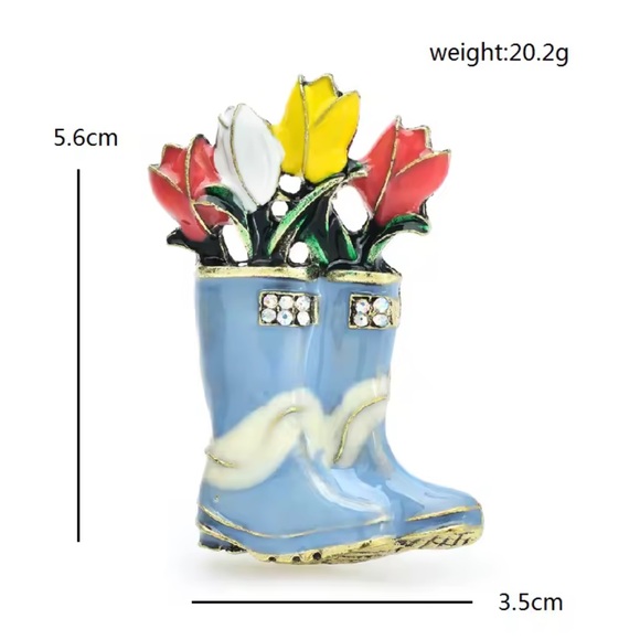 Blue Garden Boot with Tulips Brooch – Whimsical Floral Pin - Picture 5 of 10